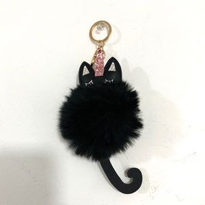 Black Sleepy Cat W/Tail Pom Pom Keychain